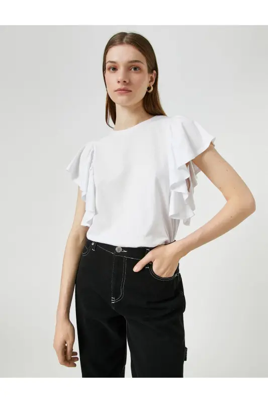 Ruffled Sleeve T-Shirt Crew Neck-Ecru - 3