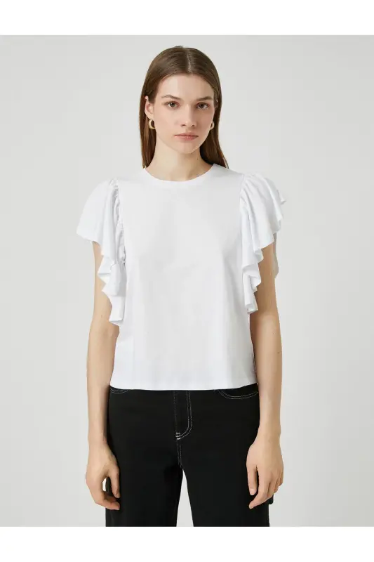 Ruffled Sleeve T-Shirt Crew Neck-Ecru - 4
