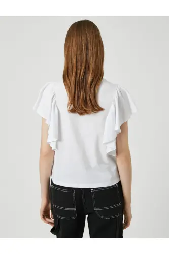 Ruffled Sleeve T-Shirt Crew Neck-Ecru - 5