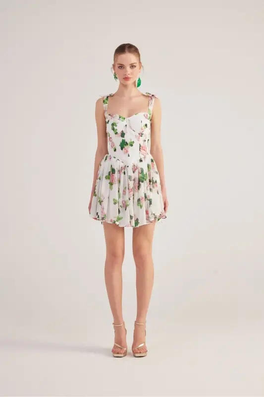Ruffled Strappy Floral Mini Chiffon Esther Dress White - 1