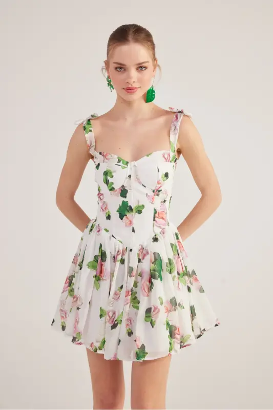 Ruffled Strappy Floral Mini Chiffon Esther Dress White - 2