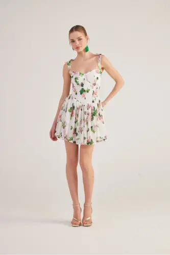 Ruffled Strappy Floral Mini Chiffon Esther Dress White - 3