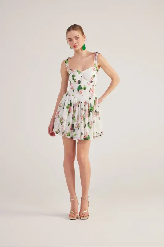 Ruffled Strappy Floral Mini Chiffon Esther Dress White - 3