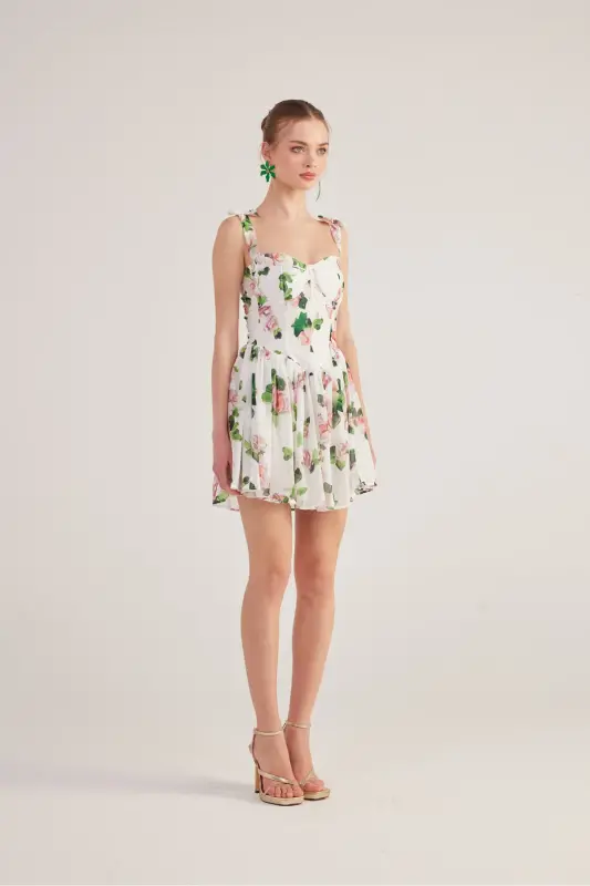 Ruffled Strappy Floral Mini Chiffon Esther Dress White - 4