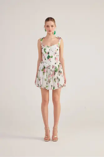 Ruffled Strappy Floral Mini Chiffon Esther Dress White - 7
