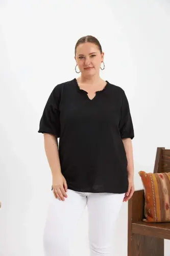 Ruffled V-Neck Short Sleeve Women's Blouse Black - 1
