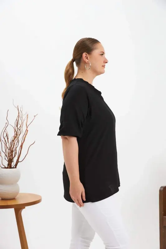 Ruffled V-Neck Short Sleeve Women's Blouse Black - 2