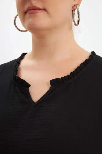 Ruffled V-Neck Short Sleeve Women's Blouse Black - 3