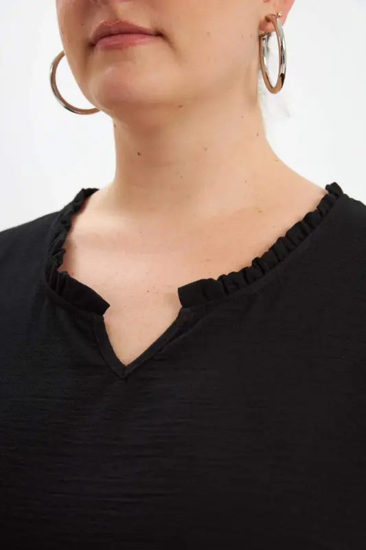 Ruffled V-Neck Short Sleeve Women's Blouse Black - 3