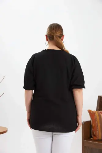 Ruffled V-Neck Short Sleeve Women's Blouse Black - 4