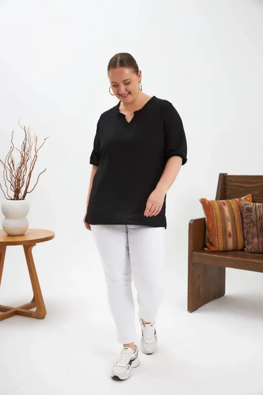 Ruffled V-Neck Short Sleeve Women's Blouse Black - 5