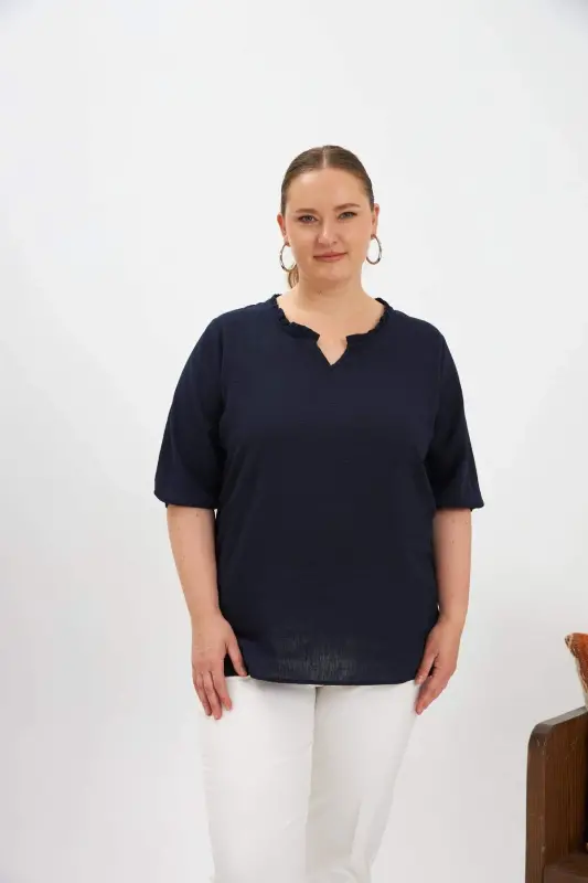 Ruffled V-Neck Short Sleeve Women's Blouse Navy Blue - 1