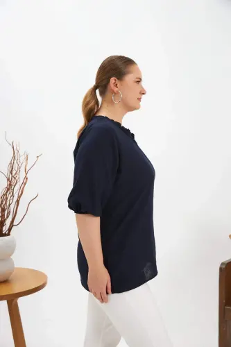 Ruffled V-Neck Short Sleeve Women's Blouse Navy Blue - BÜYÜKBEDENIZ (1)