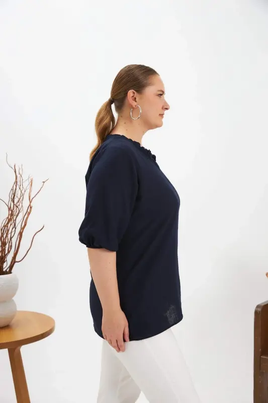 Ruffled V-Neck Short Sleeve Women's Blouse Navy Blue - 2