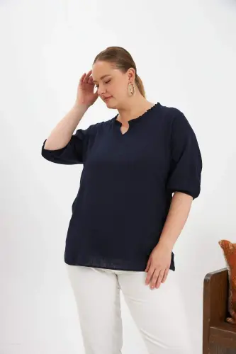 Ruffled V-Neck Short Sleeve Women's Blouse Navy Blue - 3