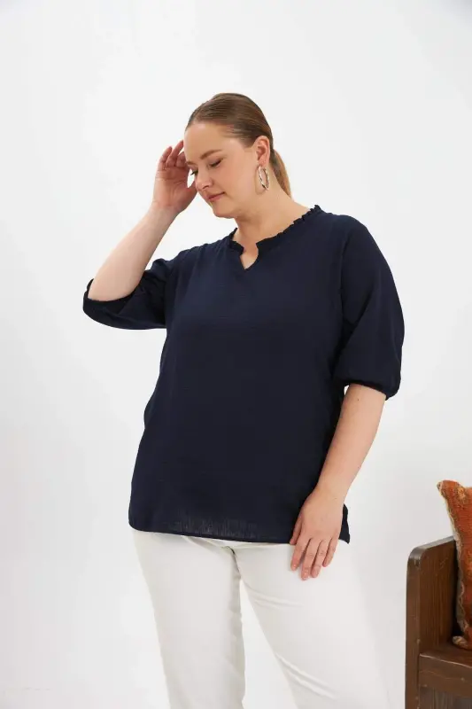 Ruffled V-Neck Short Sleeve Women's Blouse Navy Blue - 3