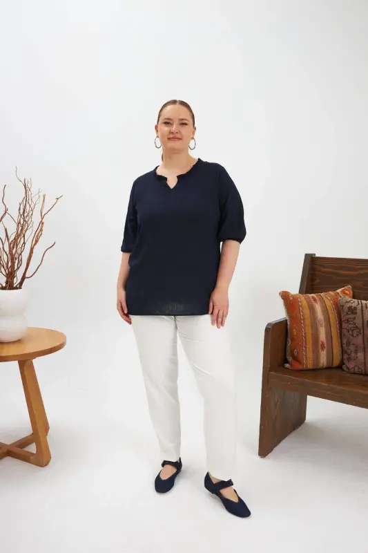 Ruffled V-Neck Short Sleeve Women's Blouse Navy Blue - 5