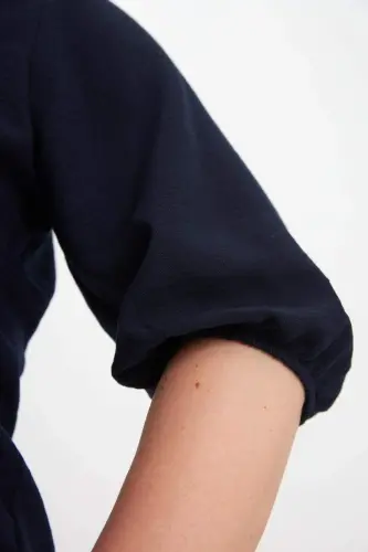 Ruffled V-Neck Short Sleeve Women's Blouse Navy Blue - 6