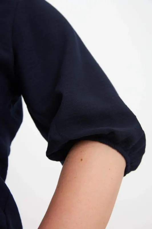 Ruffled V-Neck Short Sleeve Women's Blouse Navy Blue - 6