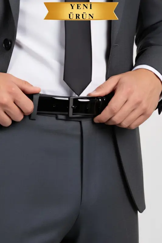 Rugan Vegan Deri Kemer Siyah Mat Metal Tokalı İnce Model Parlak Siyah - Rugan Siyah - 9