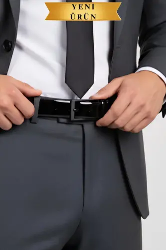 Rugan Vegan Deri Kemer Siyah Mat Metal Tokalı İnce Model Parlak Siyah-Rugan Siyah - 1