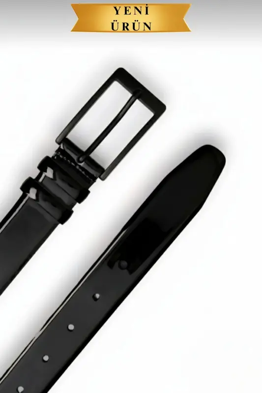 Rugan Vegan Deri Kemer Siyah Mat Metal Tokalı İnce Model Parlak Siyah-Rugan Siyah - 2