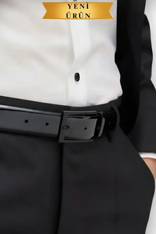 Rugan Vegan Deri Kemer Siyah Mat Metal Tokalı İnce Model Parlak Siyah-Rugan Siyah - 3