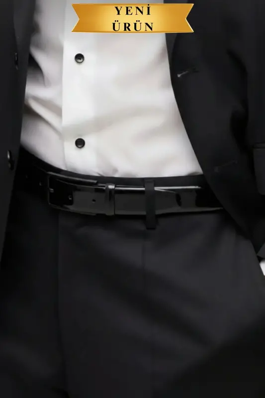 Rugan Vegan Deri Kemer Siyah Mat Metal Tokalı İnce Model Parlak Siyah-Rugan Siyah - 5