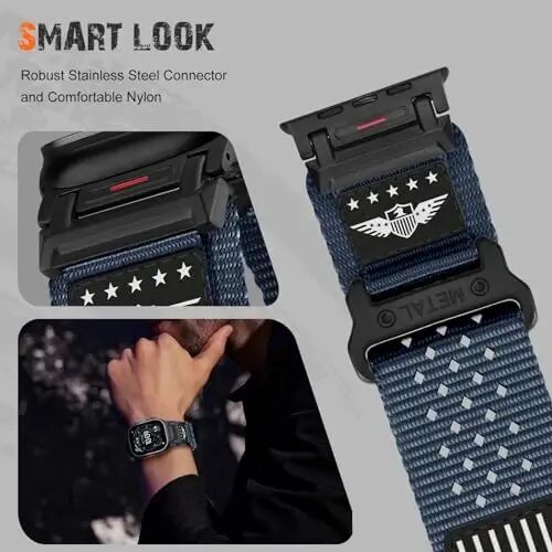 Rugged Metal Nylon for Apple Watch Ultra 2/3/4 Band 49mm/46mm/45/44/42 Men | Tactical Military Design,Stars-Stripes Flag,Soft Woven XL for iWatch Ultra 4/Ultra 3/Ultra 2 Series 12 11 10 9 8 7 6 5 4 SE - 3