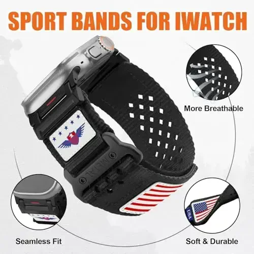 Rugged Nylon Band for Apple Watch Ultra 2 Bands for Men 49mm 46mm 45mm 44mm 42mm,Breathable Stars-Stripes Flag Wristband Workout Athletic Strap for iWatch Bands Ultra Series 10 9 8 7 6 5 4 3 SE/Ultra2 - 4
