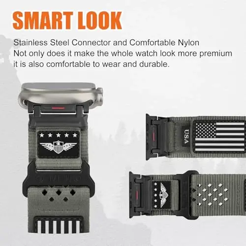 Rugged Nylon Band for Apple Watch Ultra 2 Bands for Men 49mm 46mm 45mm 44mm 42mm,Breathable Stars-Stripes Flag Wristband Workout Athletic Strap for iWatch Bands Ultra Series 10 9 8 7 6 5 4 3 SE/Ultra2 - 3