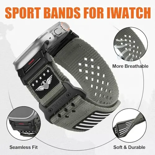 Rugged Nylon Band for Apple Watch Ultra 2 Bands for Men 49mm 46mm 45mm 44mm 42mm,Breathable Stars-Stripes Flag Wristband Workout Athletic Strap for iWatch Bands Ultra Series 10 9 8 7 6 5 4 3 SE/Ultra2 - 4