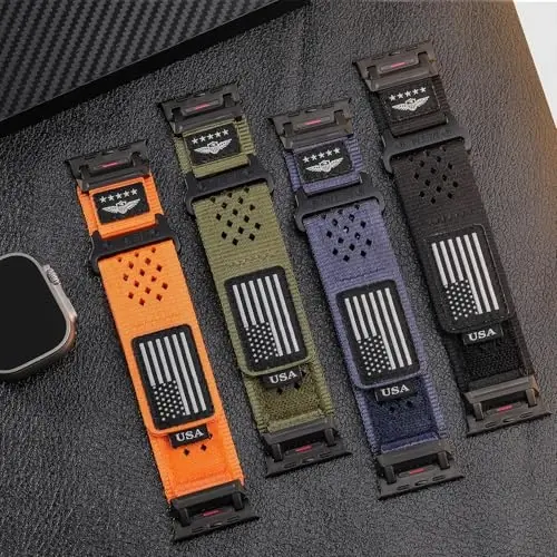Rugged Nylon Band for Apple Watch Ultra 2 Bands for Men 49mm 46mm 45mm 44mm 42mm,Breathable Stars-Stripes Flag Wristband Workout Athletic Strap for iWatch Bands Ultra Series 10 9 8 7 6 5 4 3 SE/Ultra2 - RUGGED (1)