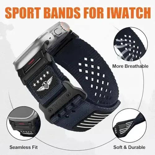 Rugged Nylon Band for Apple Watch Ultra 3/2/1 Series 11 10 9 8 7 6 5 4 SE/3/2/1 for Men,Breathable Stars-Stripes Flag Wristband Workout Athletic Strap for iWatch Ultra Bands 49mm 46mm 45mm 44mm 42mm - 4