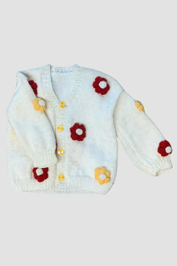 Rukiye 7294 Hand-Knitted Flower Patterned Girl's Cardigan 5 Years Old - White - 6