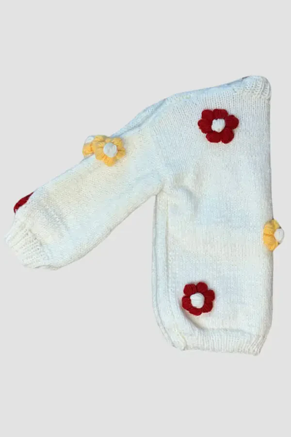 Rukiye 7294 Hand-Knitted Flower Patterned Girl's Cardigan 5 Years Old - White - 7