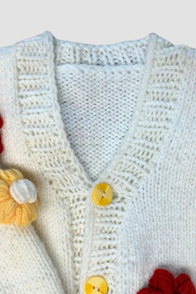 Rukiye 7294 Hand-Knitted Flower Patterned Girl's Cardigan 5 Years Old - White - 8