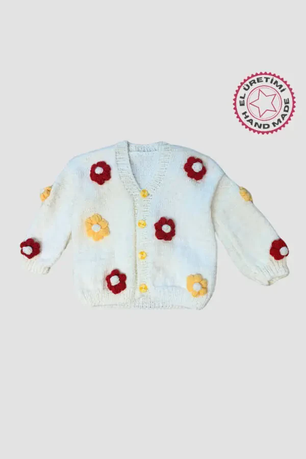 Rukiye 7294 Hand-Knitted Flower Patterned Girl's Cardigan 5 Years Old - White - 1