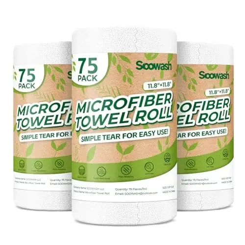 Рулон салфеток из микрофибры SOOWASH, 225 штук, 12x12 дюймов, без ворса | Отрывной дизайн, без ворса, моющиеся, без царапин, ультра впитывающие, для посуды и уборки дома, белый цвет 