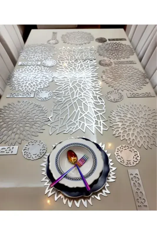 Runner/Placemat/Faux Leather/Dining Set/8 Person/25 Pieces/Silver-SILVER - SEHARA