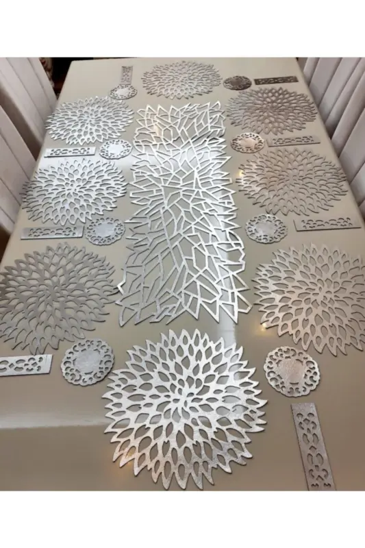 Runner/Placemat/Faux Leather/Dining Set/8 Person/25 Pieces/Silver-SILVER - 2