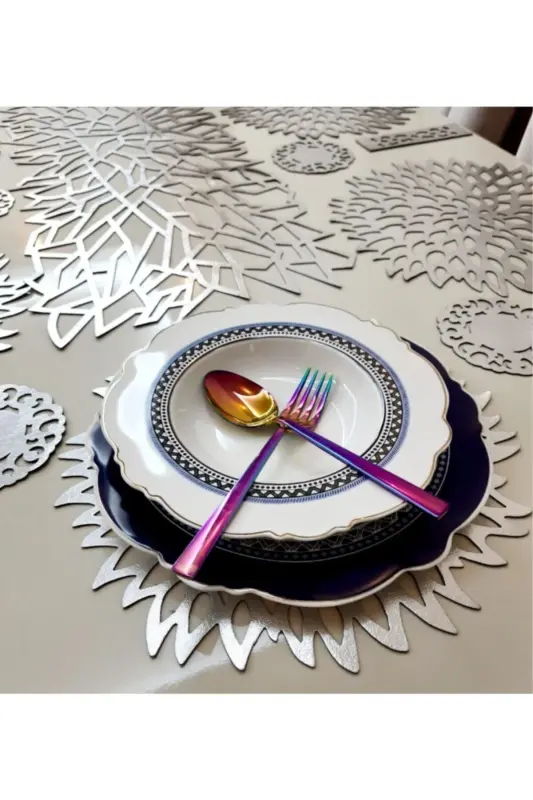 Runner/Placemat/Faux Leather/Dining Set/8 Person/25 Pieces/Silver-SILVER - 3