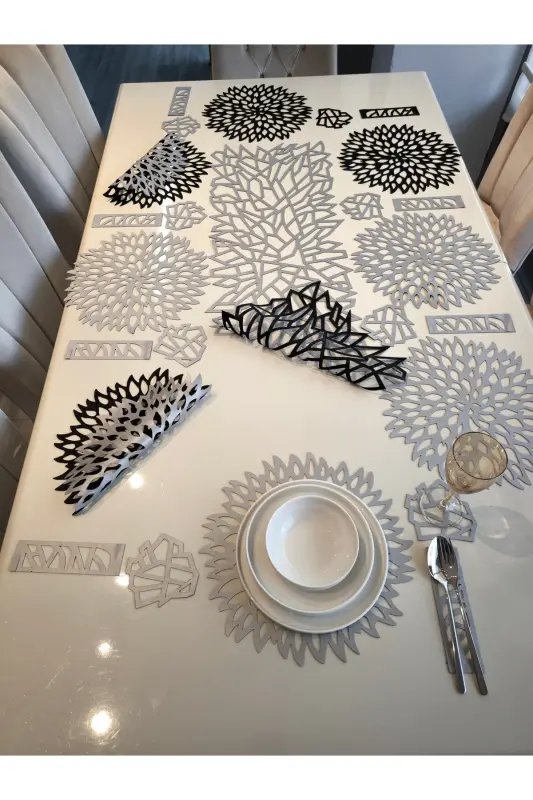 Runner/Placemat/Faux Leather/Dining Set/8 Person/25 Pieces/Silver-SILVER - 1