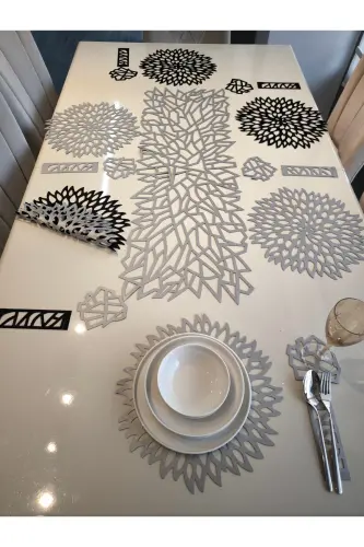 Runner/Placemat/Faux Leather/Dining Set/8 Person/25 Pieces/Silver-SILVER - 7