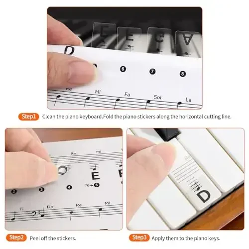 runzoos 2 Sheets Piano Keyboard Stickers for 88/76/61/54/49 Keys, Transparent and Removable Piano Stickers for Beginners and Kids, Keyboard Letters Labels Notes Guide (Black) - 5