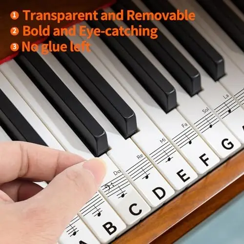 runzoos 2 Sheets Piano Keyboard Stickers for 88/76/61/54/49 Keys, Transparent and Removable Piano Stickers for Beginners and Kids, Keyboard Letters Labels Notes Guide (Black) - 4
