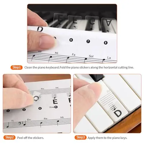 runzoos 2 Sheets Piano Keyboard Stickers for 88/76/61/54/49 Keys, Transparent and Removable Piano Stickers for Beginners and Kids, Keyboard Letters Labels Notes Guide (Black) - 5