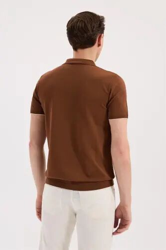 Rust Slim Fit Knitted Zippered Polo Collar T-Shirt - 4