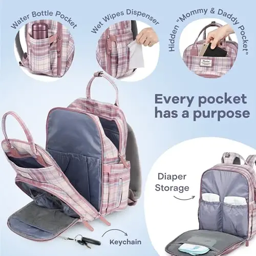 RUVALINO Baby Diaper Bag Backpack with Changing Pad, Waterproof, Pink Plaid | Baby Essentials, Waterproof, Travel Baby Bags for Mom Dad Girl Boy, Insulated Bottle Holders, Pacifier Case - 3