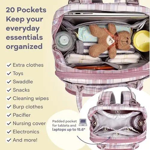 RUVALINO Baby Diaper Bag Backpack with Changing Pad, Waterproof, Pink Plaid | Baby Essentials, Waterproof, Travel Baby Bags for Mom Dad Girl Boy, Insulated Bottle Holders, Pacifier Case - 4